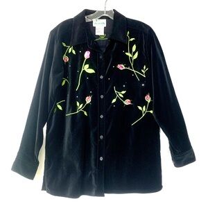 Quacker Factory Black Velvet Floral Embroidered Button Down Shirt